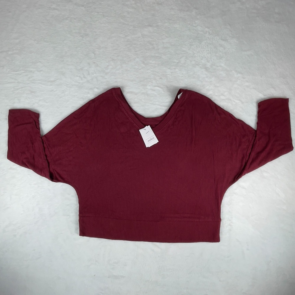 Auden Sweater Women's Small Deep Red Tight Knit Stretch Ribbed V Neck Pullover‎
